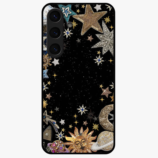 Galactic Jewel Stars Glass Case showing flat back view with sparkling star jewel artwork and glossy glass finish.