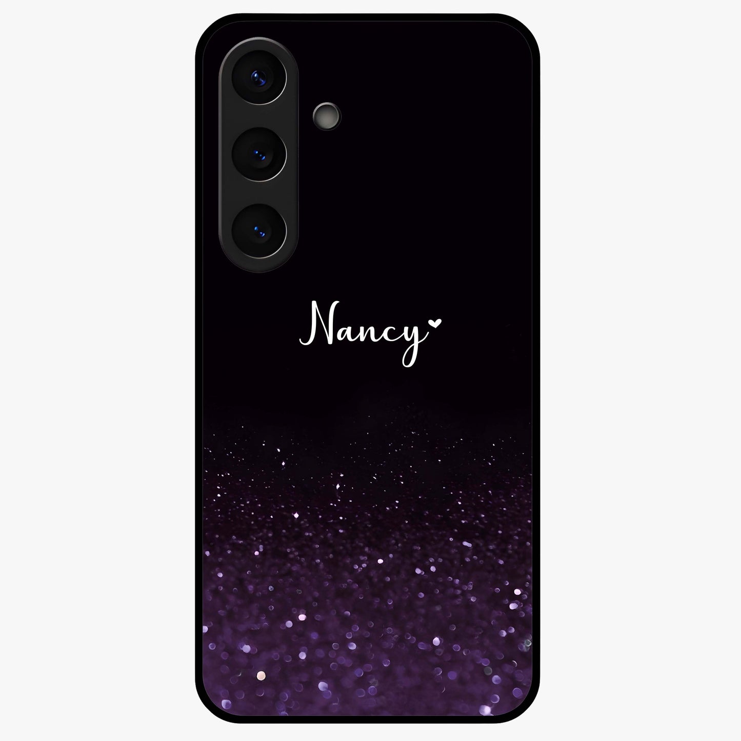 Glittery Purple Bokeh Custom Name Glass Case showing flat back view with purple bokeh sparkle artwork and personalized name design.