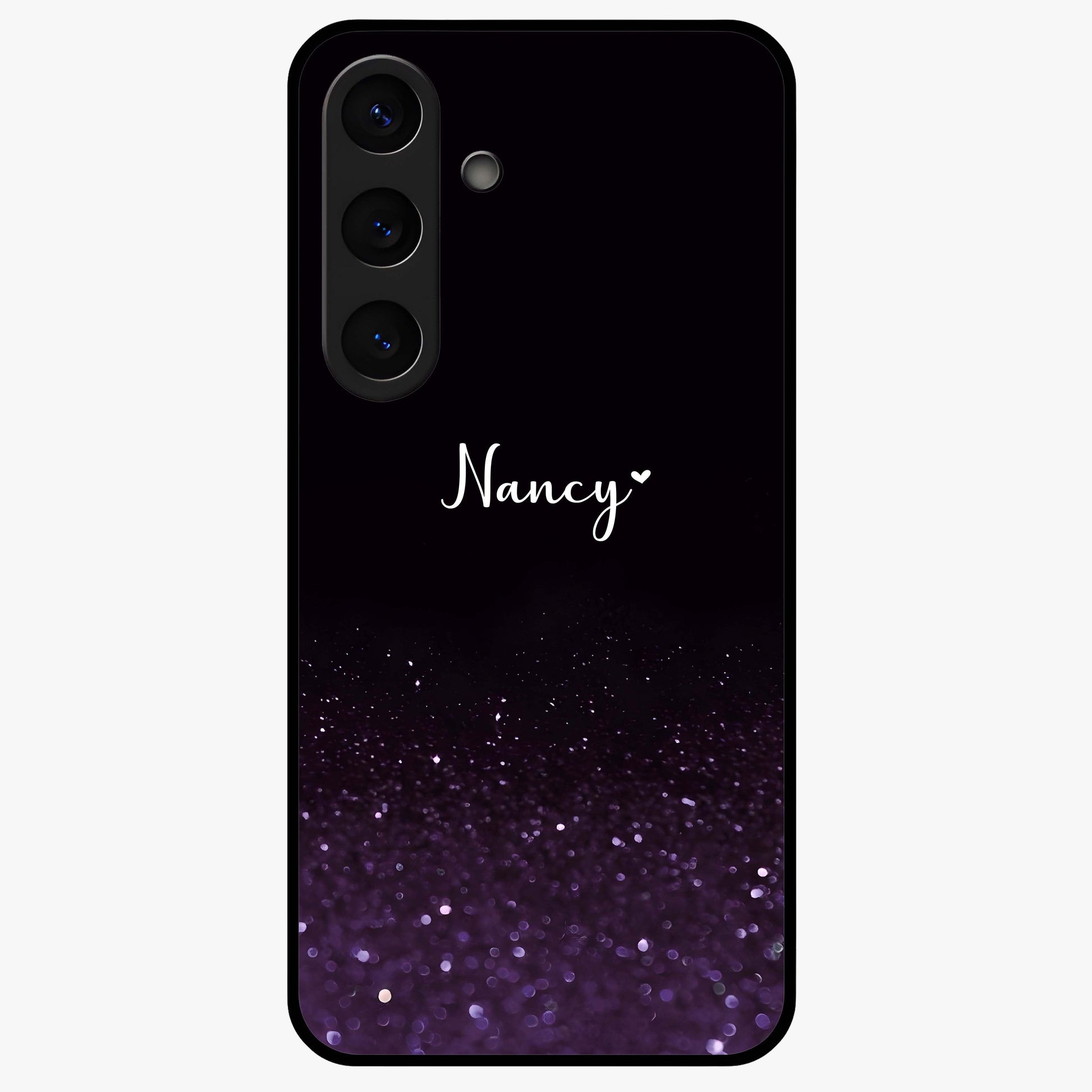 Glittery Purple Bokeh Custom Name Glass Case showing flat back view with purple bokeh sparkle artwork and personalized name design.