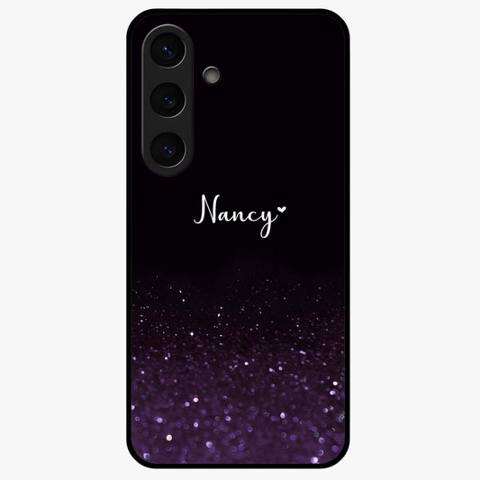 Glittery Purple Bokeh Custom Name Glass Case showing flat back view with purple bokeh sparkle artwork and personalized name design.
