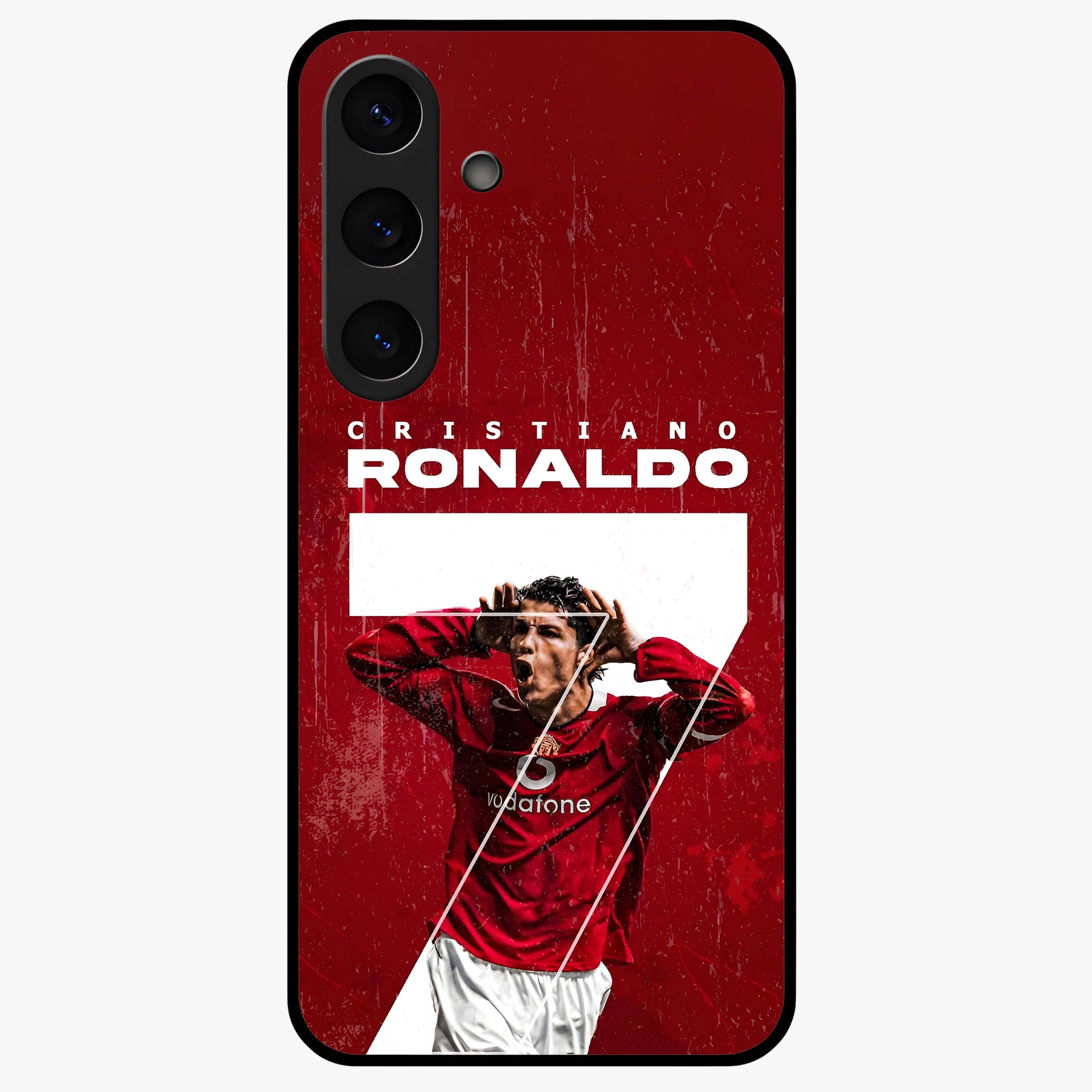 Goal Celebration Legacy Glass Case showing flat back view with football celebration inspired artwork and glossy glass finish.