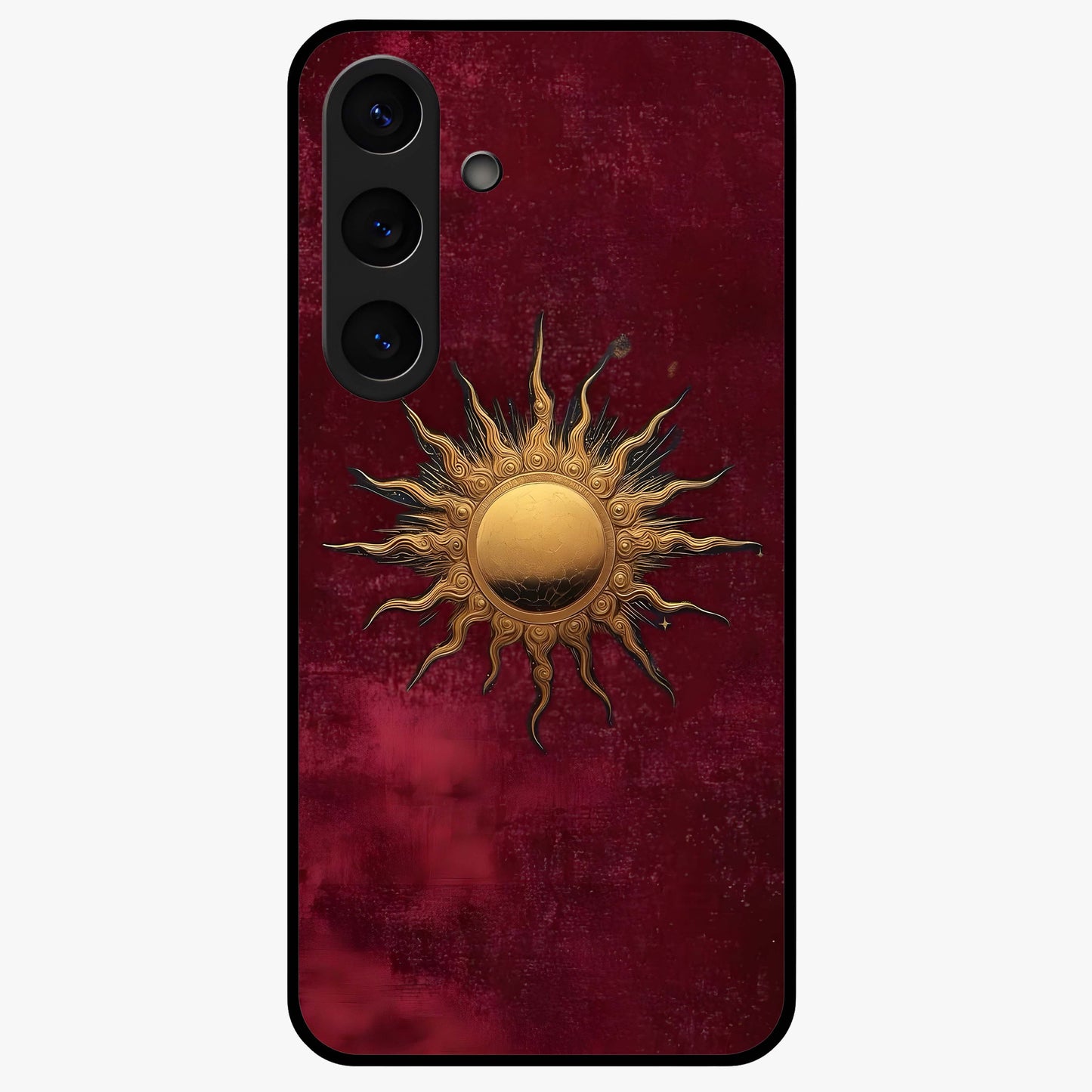 Gold Sun Blush Glass Case showing flat back view with golden sun inspired artwork and glossy glass finish.