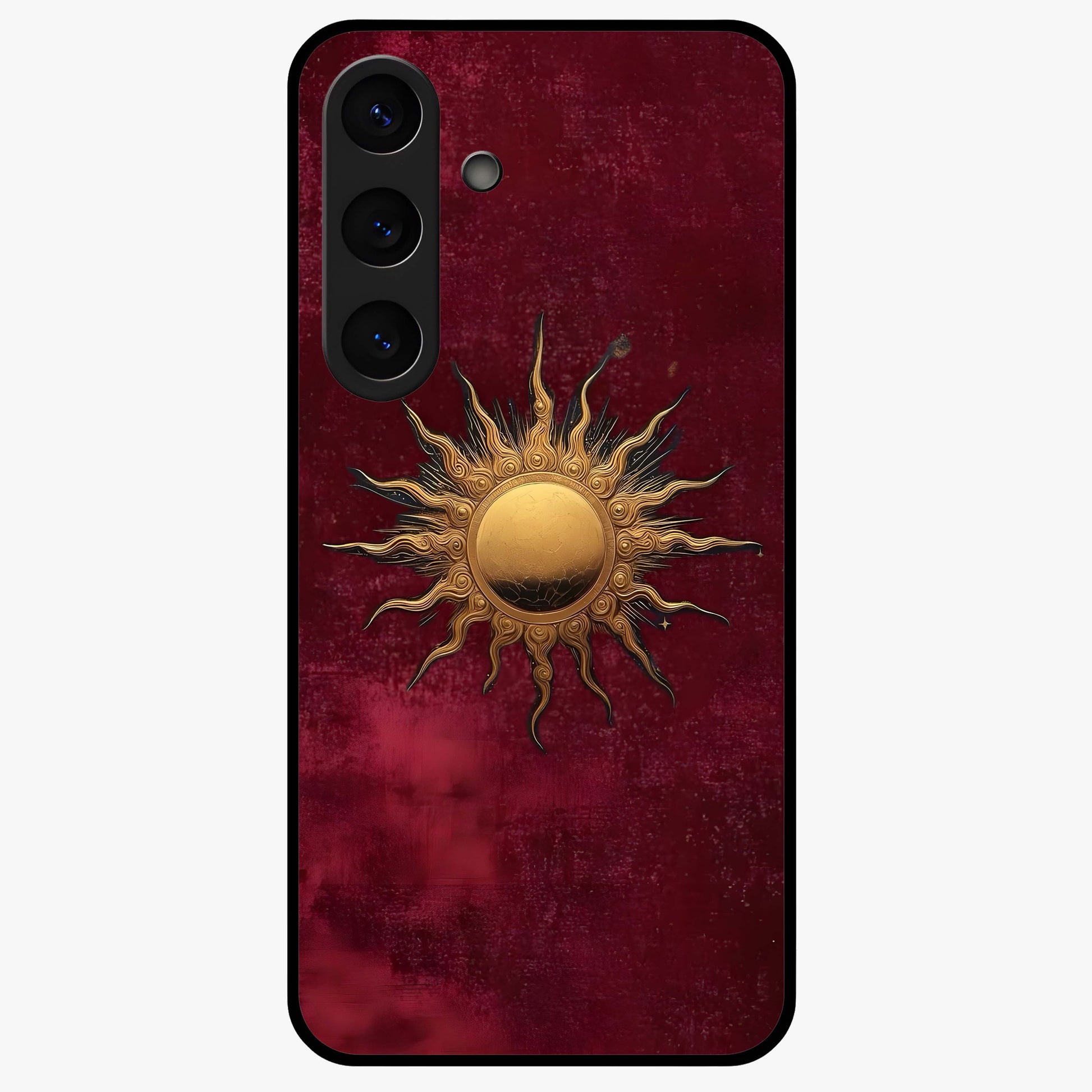 Gold Sun Blush Glass Case showing flat back view with golden sun inspired artwork and glossy glass finish.