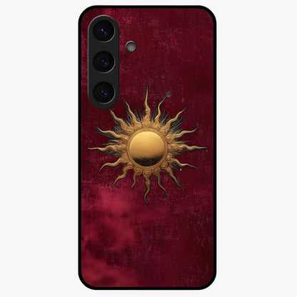 Gold Sun Blush Glass Case showing flat back view with golden sun inspired artwork and glossy glass finish.