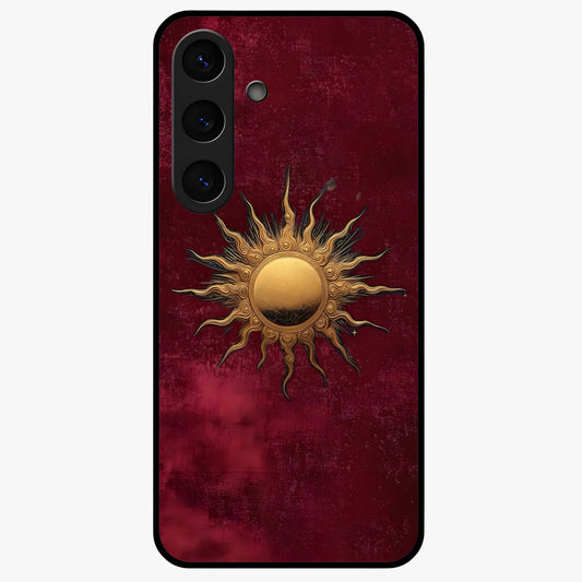 Gold Sun Blush Glass Case showing flat back view with golden sun inspired artwork and glossy glass finish.