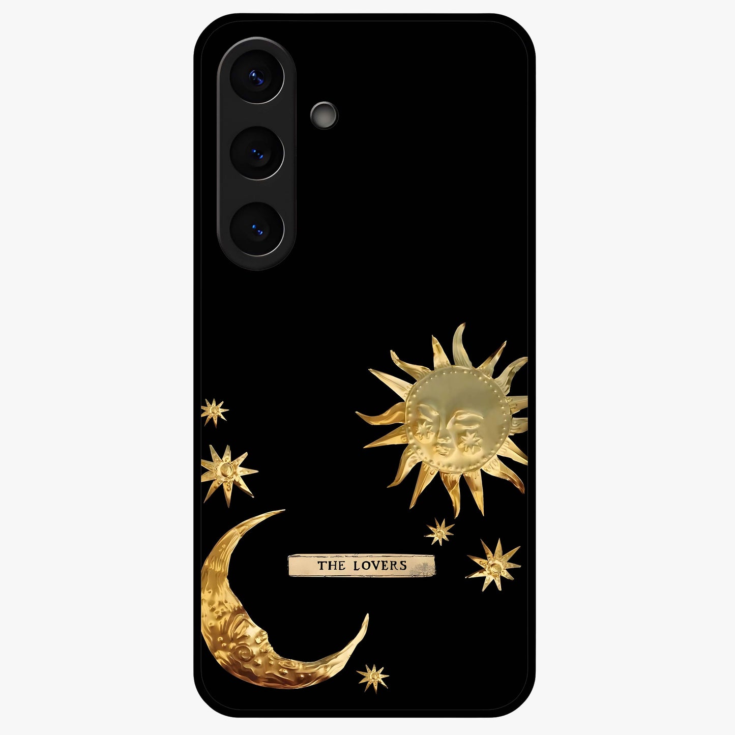 Golden Celestial Charm Glass Case showing flat back view with golden celestial charm artwork and glossy glass finish.