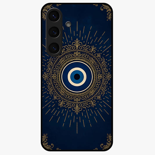 Golden Evil Eye Mandala Glass Case showing flat back view with intricate evil eye mandala artwork and glossy glass finish.