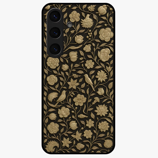 Golden Floral Majesty Glass Case showing flat back view with luxurious golden floral artwork and glossy glass finish.