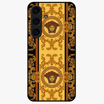 Golden Royal Heritage Glass Case showing flat back view with ornate royal pattern artwork and glossy glass finish.