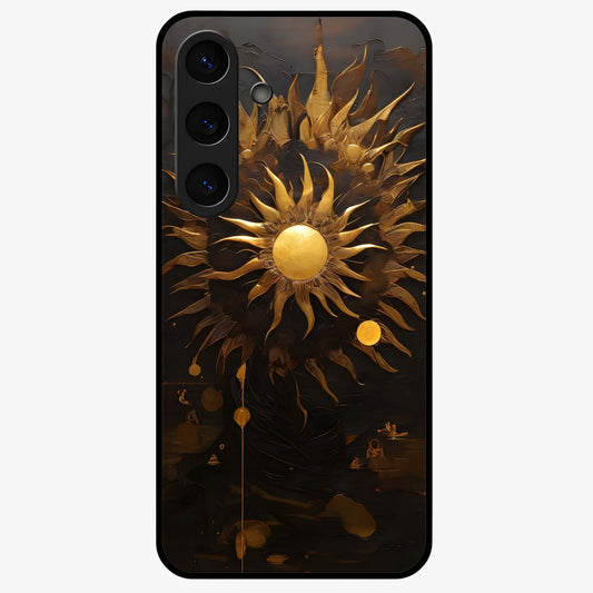Golden Sun Majesty Glass Case showing flat back view with radiant golden sun artwork and glossy glass finish.