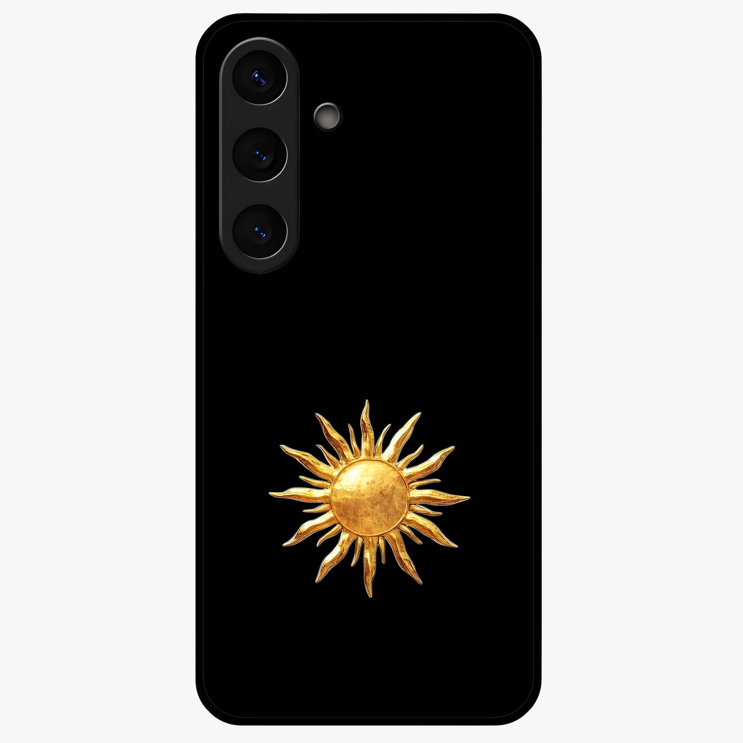 Golden Sun Minimalism Glass Case showing flat back view with minimal golden sun artwork and glossy glass finish.