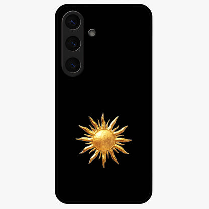 Golden Sun Minimalism Glass Case showing flat back view with minimal golden sun artwork and glossy glass finish.