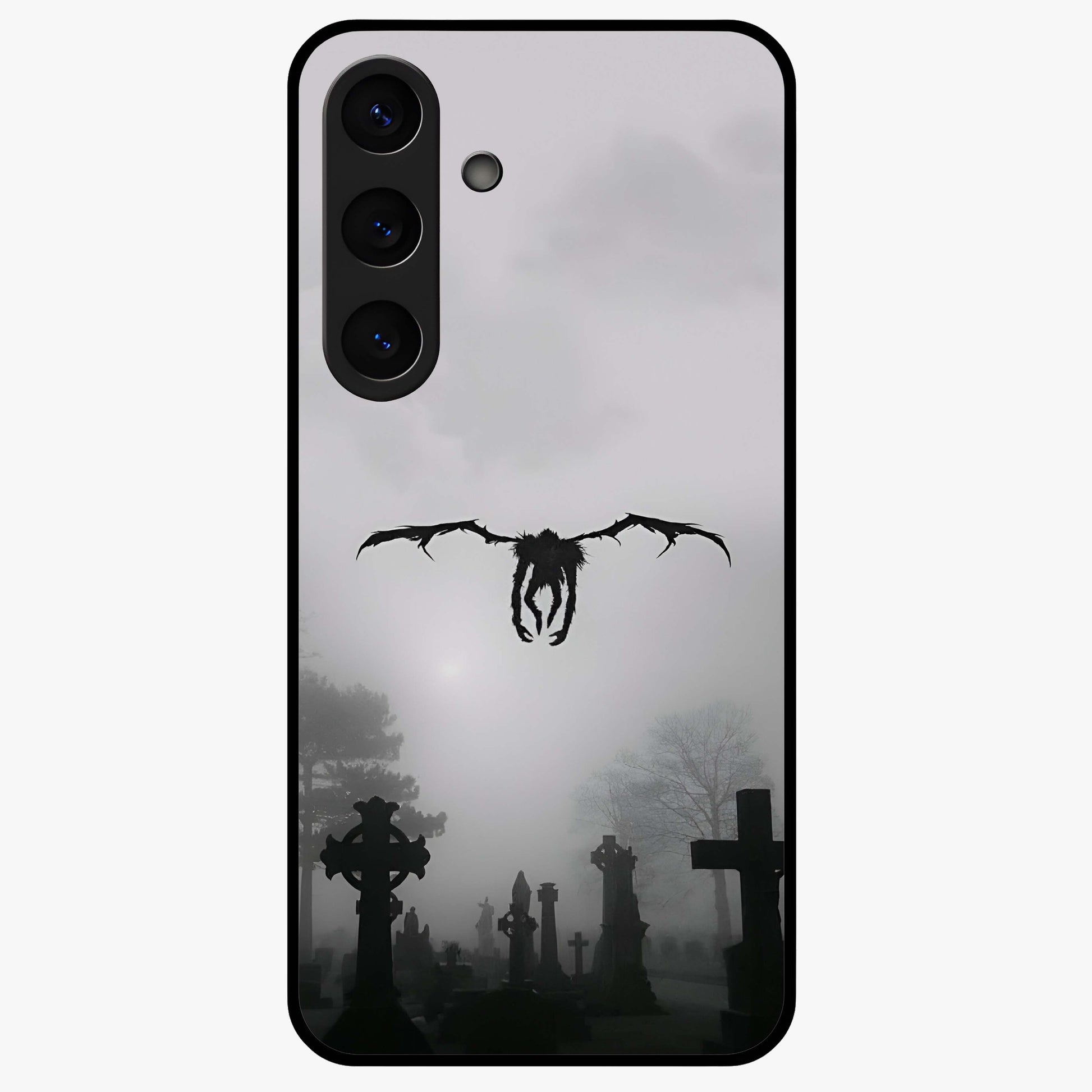 Graveyard Shadow Descent Glass Case showing flat back view with dark graveyard themed artwork and glossy glass finish.