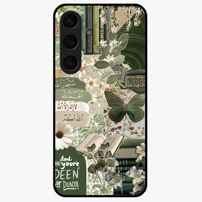 Green Islamic Books Quotes Glass Case showing flat back view with Islamic quotes and book themed artwork and glossy glass finish.