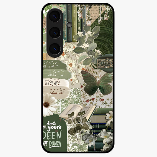 Green Islamic Books Quotes Glass Case showing flat back view with Islamic quotes and book themed artwork and glossy glass finish.