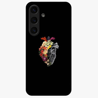 Heart With Flowers Glass Case showing flat back view with heart shaped floral artwork and glossy glass finish.
