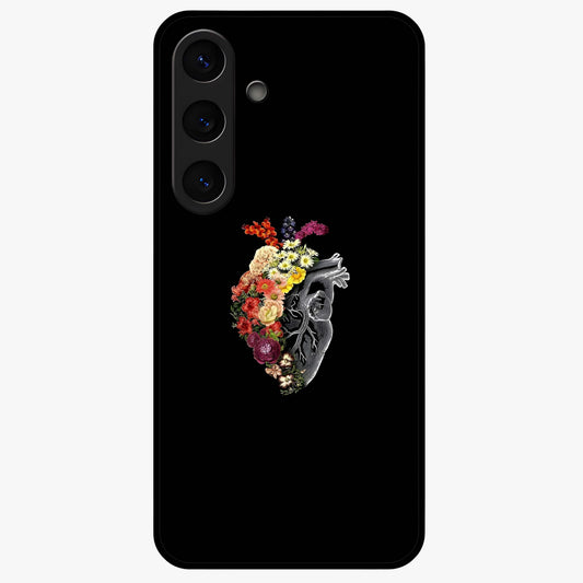 Heart With Flowers Glass Case showing flat back view with heart shaped floral artwork and glossy glass finish.