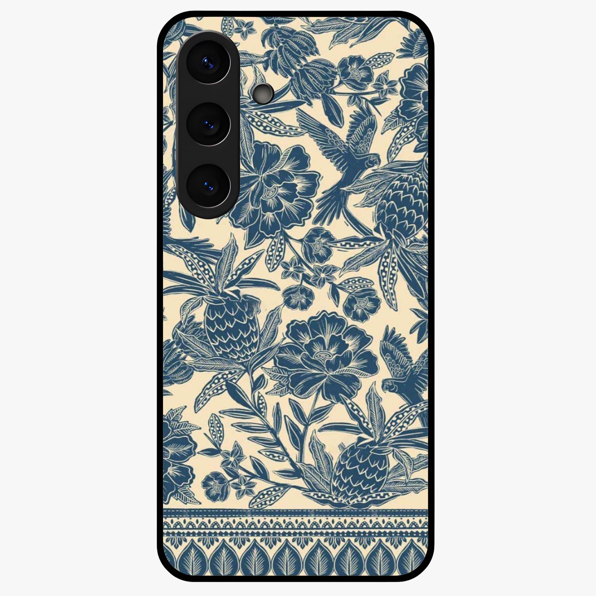 Heirloom Wild Bloom Glass Case showing flat back view with vintage inspired wild flower artwork and glossy glass finish.
