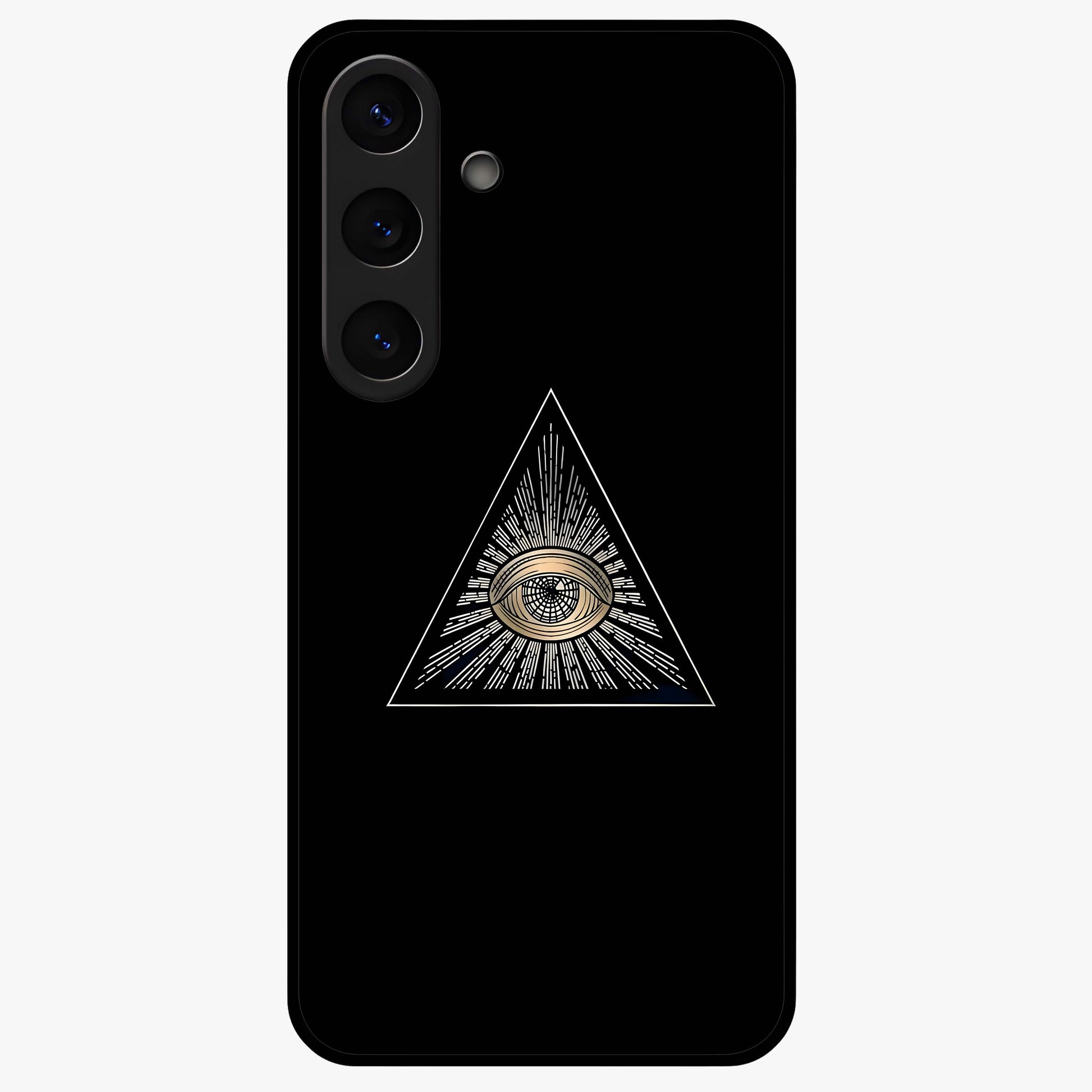 Illuminati Evil Glass Case showing flat back view with mysterious illuminati symbol artwork and glossy glass finish.