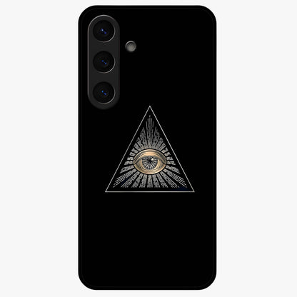 Illuminati Evil Glass Case showing flat back view with mysterious illuminati symbol artwork and glossy glass finish.