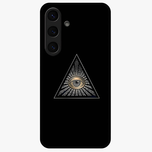 Illuminati Evil Glass Case showing flat back view with mysterious illuminati symbol artwork and glossy glass finish.