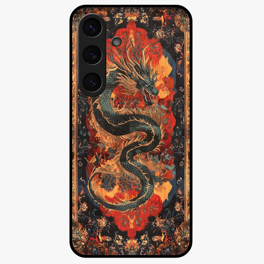 Inferno Dragon Soul Glass Case showing flat back view with fiery dragon artwork and glossy glass finish.