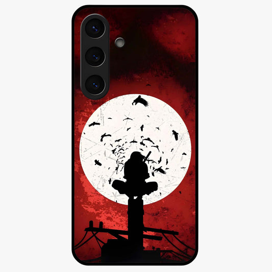 Itachi Sharingan Glass Case showing flat back view with powerful anime eye artwork and glossy glass finish.