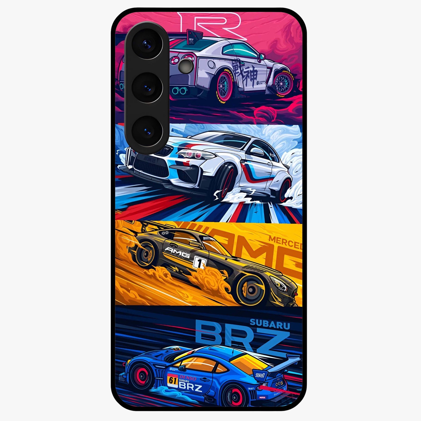 JDM Sports Car Glass Case showing flat back view with high performance sports car artwork and glossy glass finish.