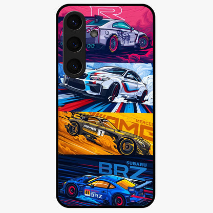 JDM Sports Car Glass Case showing flat back view with high performance sports car artwork and glossy glass finish.