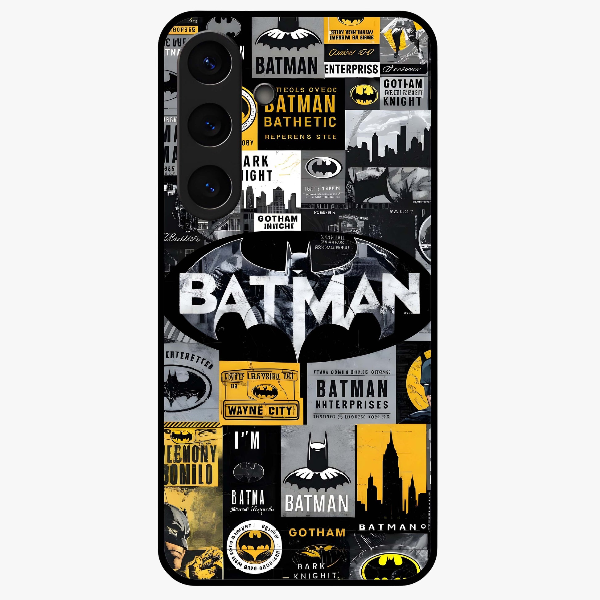 Knight Gotham Rise Glass Case showing flat back view with dark hero inspired artwork and glossy glass finish.