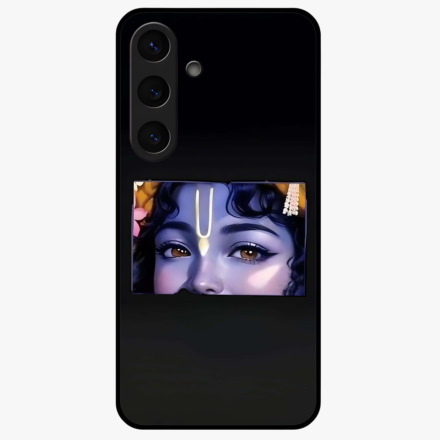 Krishna Divine Embrace Glass Case showing flat back view with Lord Krishna devotional artwork and glossy glass finish.
