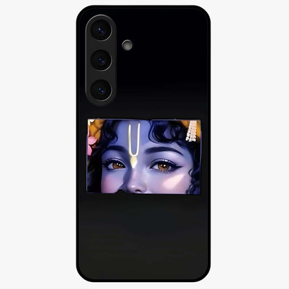 Krishna Divine Embrace Glass Case showing flat back view with Lord Krishna devotional artwork and glossy glass finish.