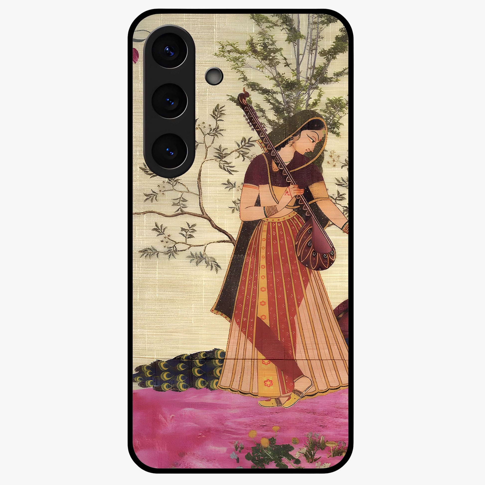 Lady With Veena Art Glass Case showing flat back view with elegant woman playing veena artwork and glossy glass finish.