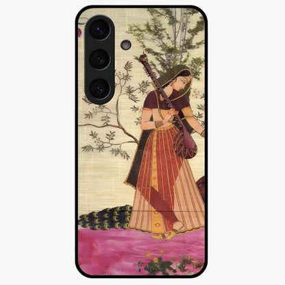 Lady With Veena Art Glass Case showing flat back view with elegant woman playing veena artwork and glossy glass finish.