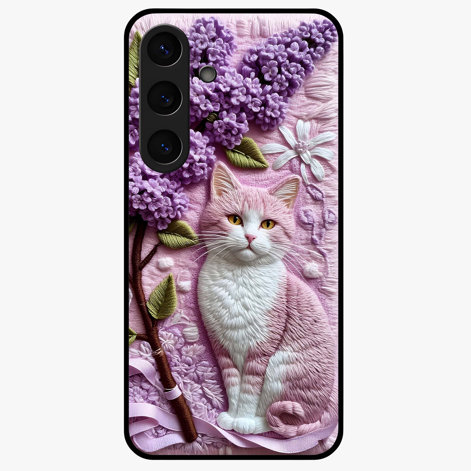 Lavender Cat Whimsy Glass Case showing flat back view with cute lavender cat artwork and glossy glass finish.