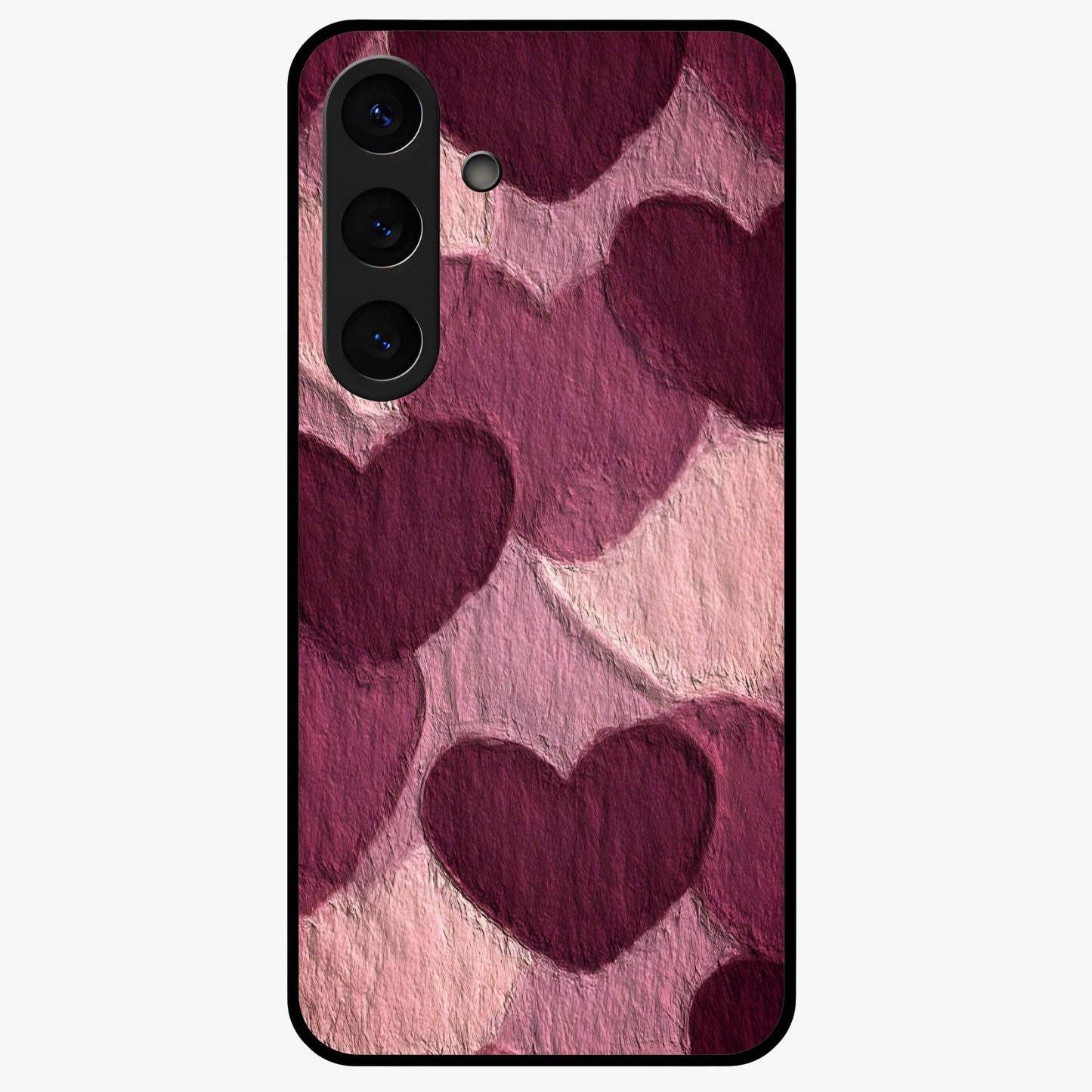 Layered Paper Hearts Glass Case showing flat back view with layered paper heart artwork and glossy glass finish.