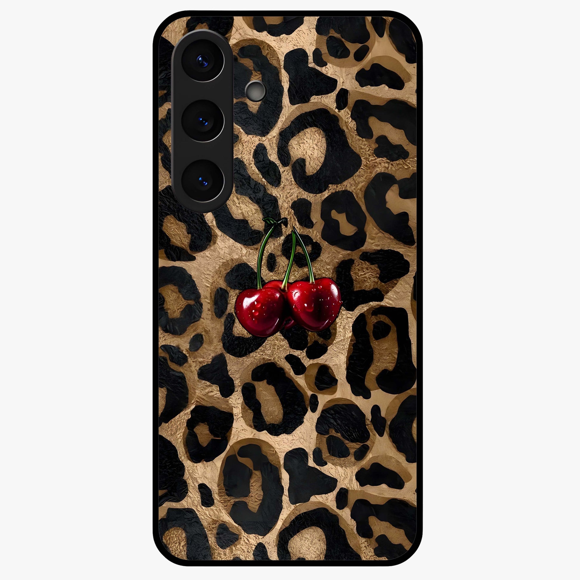 Leopard Wild Cherry Glass Case showing flat back view with leopard pattern and cherry artwork and glossy glass finish.