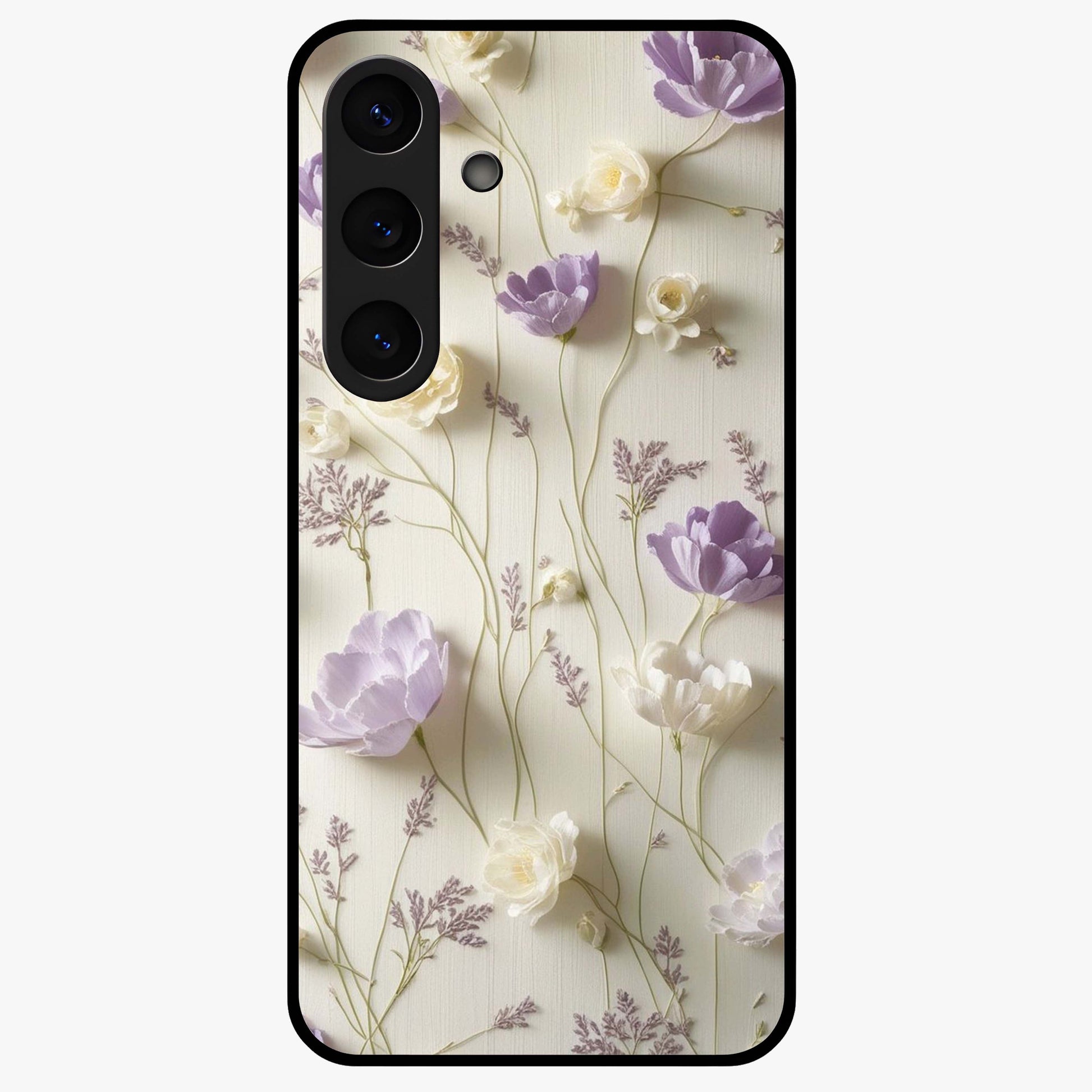 Lilac Breeze Harmony Glass Case showing flat back view with soft lilac themed artwork and glossy glass finish.
