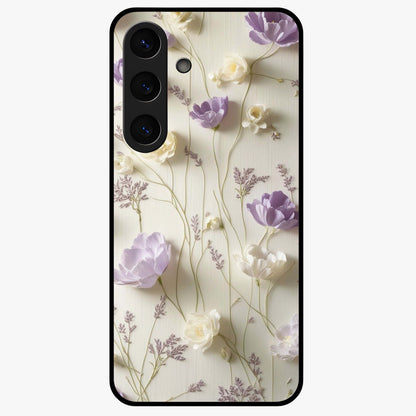 Lilac Breeze Harmony Glass Case showing flat back view with soft lilac themed artwork and glossy glass finish.