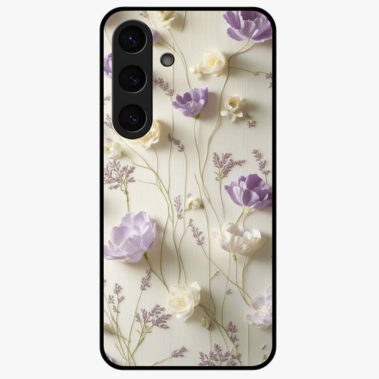 Lilac Breeze Harmony Glass Case showing flat back view with soft lilac themed artwork and glossy glass finish.