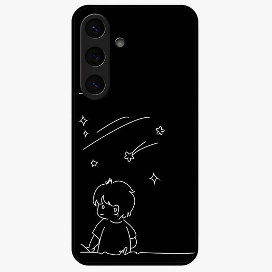 Line Art Boy With Shooting Stars Glass Case showing flat back view with minimal line art boy and shooting stars illustration and glossy glass finish.