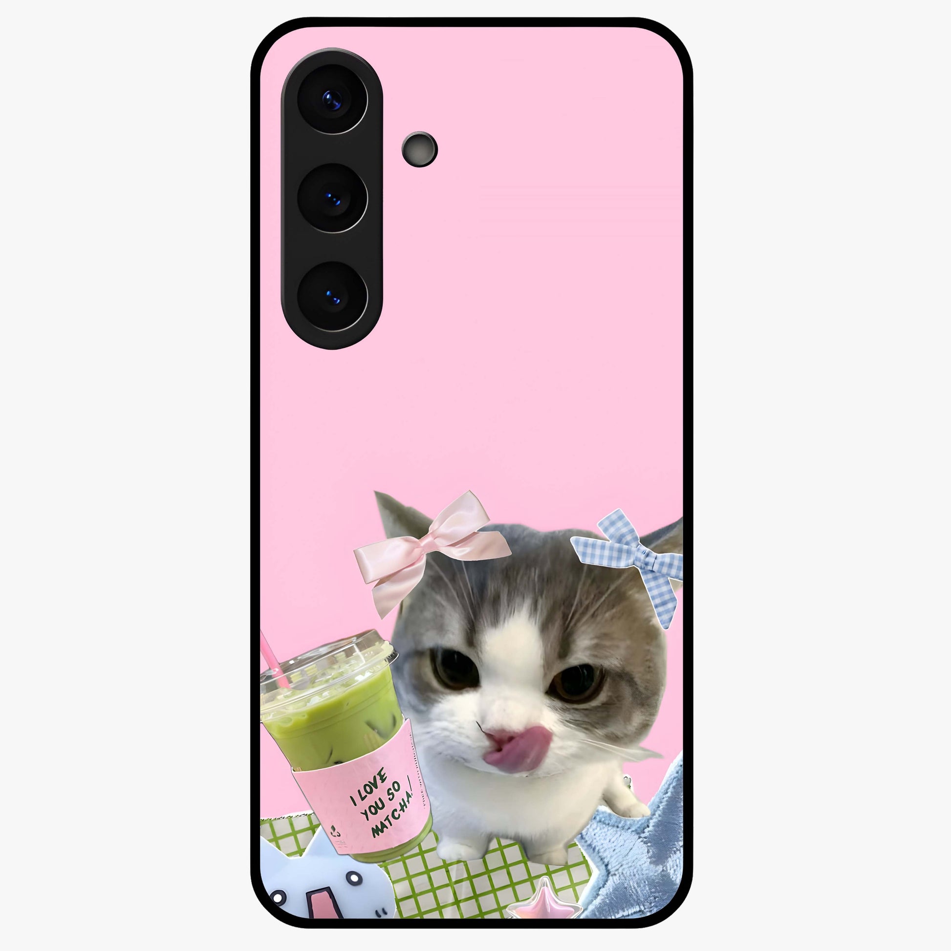Love Matcha Cat Glass Case showing flat back view with cute cat and matcha themed artwork and glossy glass finish.