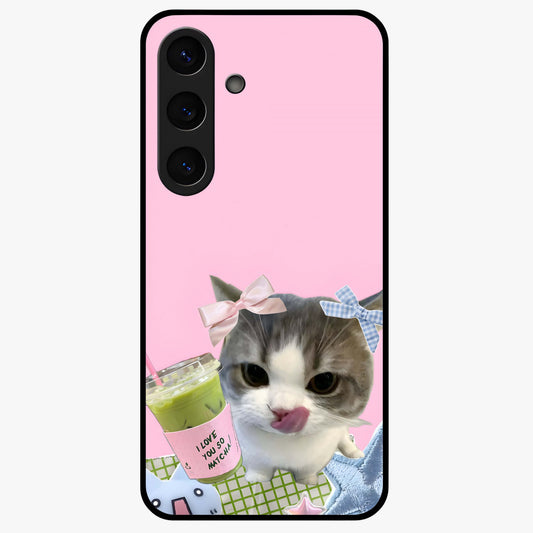 Love Matcha Cat Glass Case showing flat back view with cute cat and matcha themed artwork and glossy glass finish.