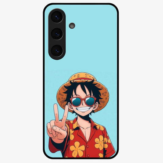 Luffy Summer Anime Vibe Glass Case showing flat back view with vibrant anime character artwork and glossy glass finish.