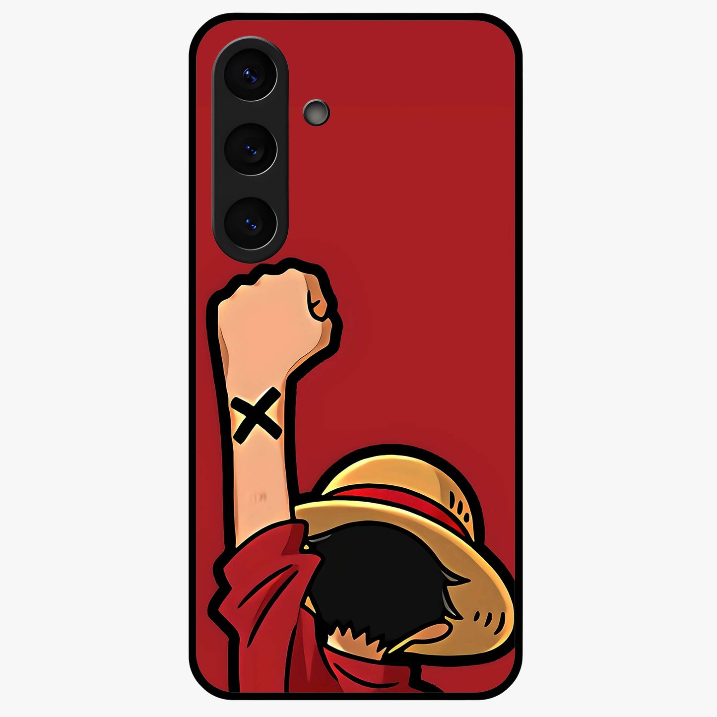 Luffy X Spirit Glass Case showing flat back view with bold anime character artwork and glossy glass finish.