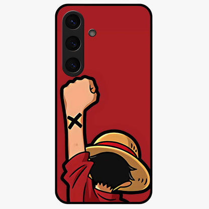 Luffy X Spirit Glass Case showing flat back view with bold anime character artwork and glossy glass finish.