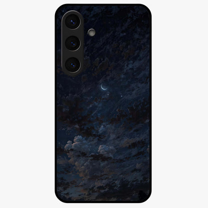 Lunar Veil Silence Glass Case showing flat back view with mystical moon veil artwork and glossy glass finish.