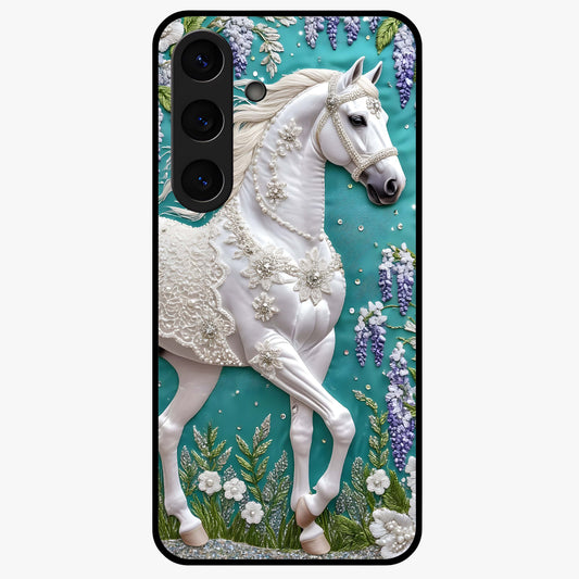Majestic Floral Stallion Glass Case showing flat back view with powerful horse and floral artwork and glossy glass finish.