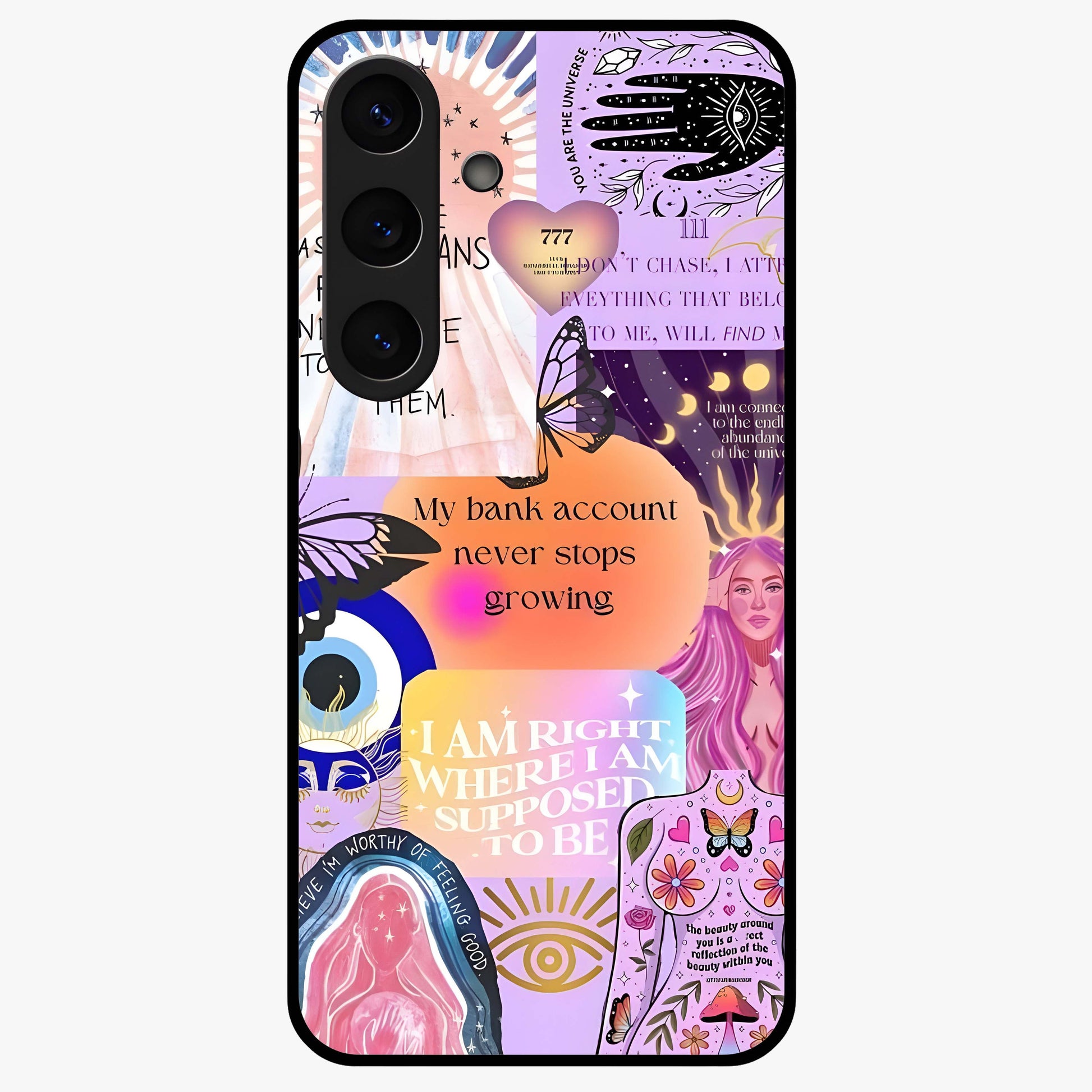 Manifestation Collage Glass Case showing flat back view with motivational collage artwork and glossy glass finish.