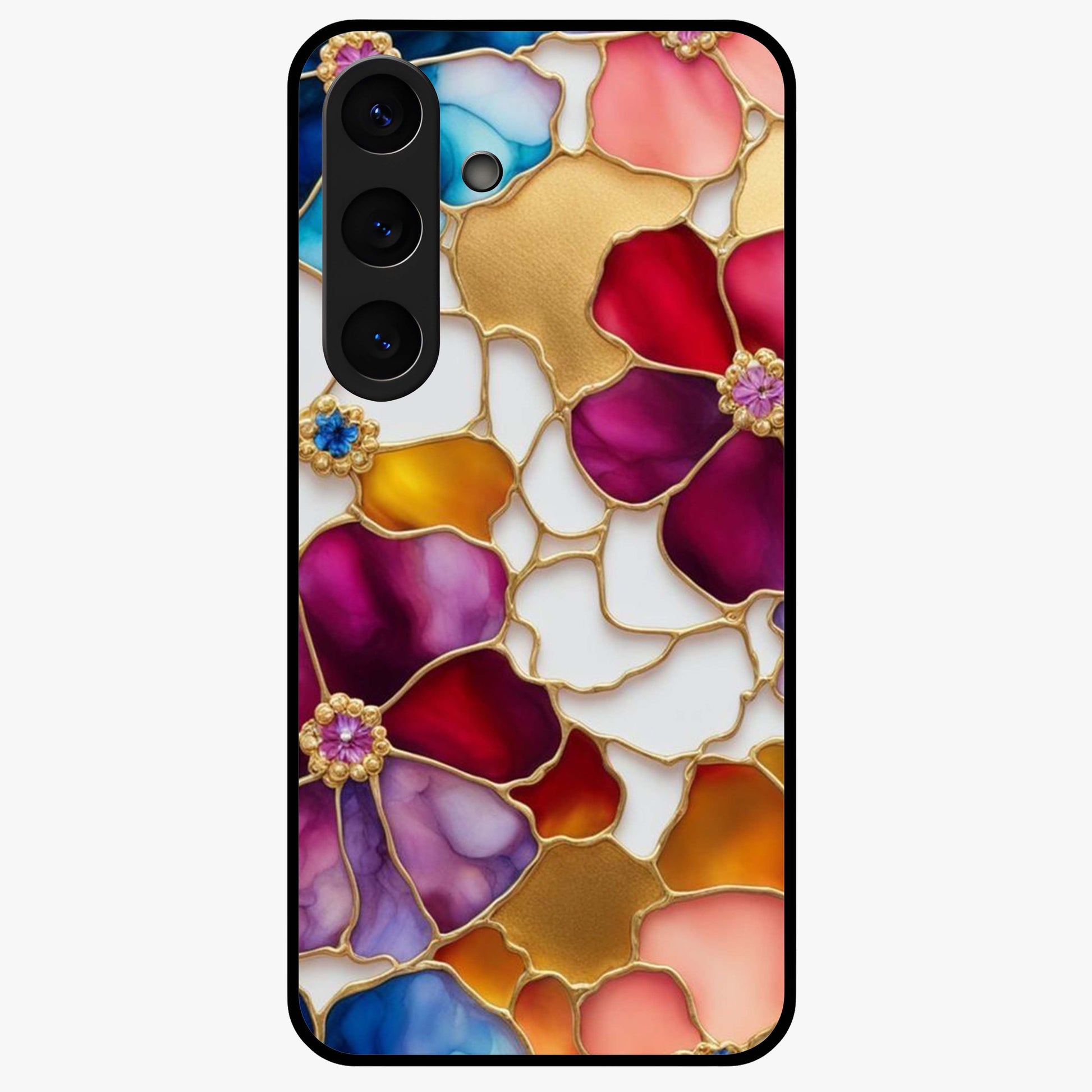 Marble Flower Pattern Glass Case showing flat back view with marble texture floral artwork and glossy glass finish.